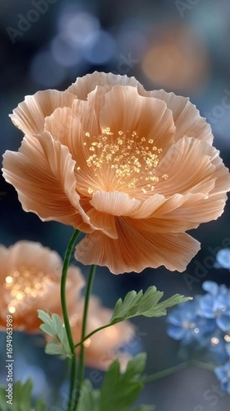 Fototapeta Blooming rose crafted from glowing particles showcases translucent petals, exuding a fantasy aesthetic in a darkly lit environment