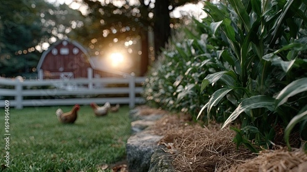 Fototapeta Chickens peck at grain as two dogs frolic nearby, set against a red barn and a vibrant sunset casting shadows across the landscape