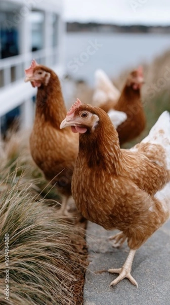 Fototapeta Chickens peck at grain as two dogs frolic nearby, set against a red barn and a vibrant sunset casting shadows across the landscape