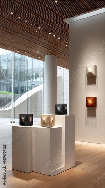 Fototapeta Three empty wooden frames hang on a softly lit beige wall, inviting future artwork into the art gallery space