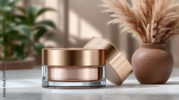 Fototapeta Soft lighting enhances glass skin care products arranged with pampas grass in stylish vases on a wooden table