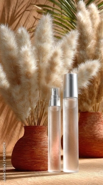 Fototapeta Soft lighting enhances glass skin care products arranged with pampas grass in stylish vases on a wooden table