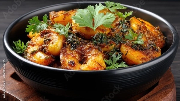 Fototapeta Saut ed shrimp paired with sweet yellow bell peppers in a lively orange-red sauce, beautifully garnished with fresh coriander