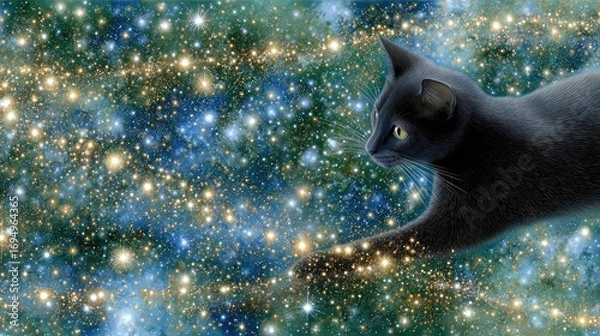 Fototapeta A cat composed of shimmering stars moves gracefully across a dark night sky filled with ethereal light trails and cosmic energy