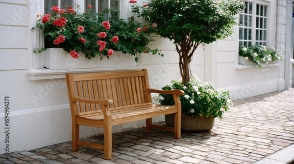 Fototapeta Sunlight casts shadows on a wooden bench resting beneath a blooming rose tree, adjacent to a bright white wall on a calm street