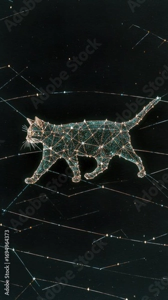 Fototapeta A cat composed of shimmering stars moves gracefully across a dark night sky filled with ethereal light trails and cosmic energy
