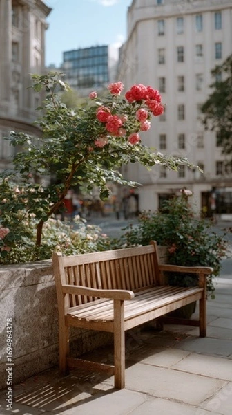 Fototapeta Sunlight casts shadows on a wooden bench resting beneath a blooming rose tree, adjacent to a bright white wall on a calm street