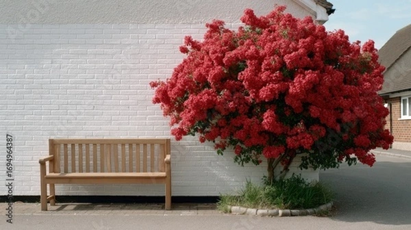 Fototapeta Sunlight casts shadows on a wooden bench resting beneath a blooming rose tree, adjacent to a bright white wall on a calm street