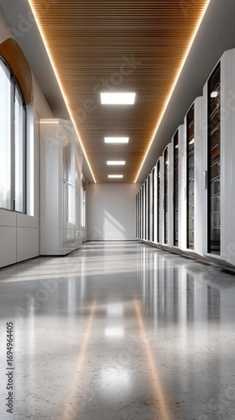 Fototapeta Rows of server racks illuminate the data center with blue lights, highlighting the sleek design and energy efficiency of modern technology