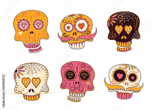 Fototapeta Cute happy sugar skulls set for Halloween or Day of the Dead. For Day of the Dead or Halloween design. Vector illustration.
