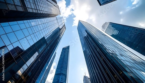 Fototapeta Low-angle perspective captures a cluster of modern skyscrapers, their glass facades reflecting the blue sky and scattered clouds. The composition emphasizes the height and geometric symmetry