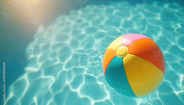 Obraz Colorful beach ball floats on clear blue pool water surface. Sunlight creates rippling patterns on the water, suggesting summer fun and relaxation. Perfect for vacation and swimming themes.