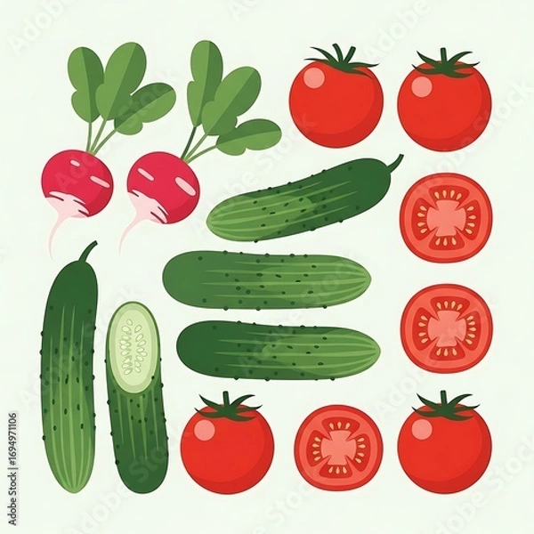 Fototapeta Fresh Vegetables Radishes with Cucumbers, and Tomatoes.