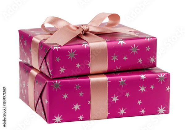 Fototapeta Isolated stack of magenta gift boxes tied with pastel ribbon against a neutral backdrop