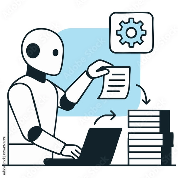 Fototapeta Office Automation Robot Organizing Documents – Vector Illustration