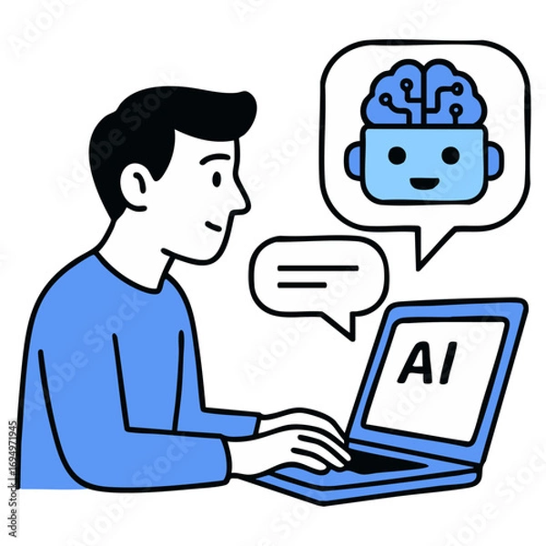 Fototapeta AI Chatbot Talking to Human with Laptop – Vector Illustration