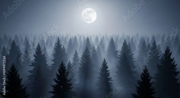 Fototapeta Full moon over foggy forest of pine trees