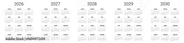 Obraz Set of 2026, 2027, 2028, 2029, 2030 calendar start from Monday. English UK Vector template. Full months for wall calendar. isolated background