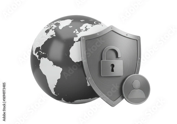 Fototapeta Isolated Security globe with a shield and open lock icon for global data protection