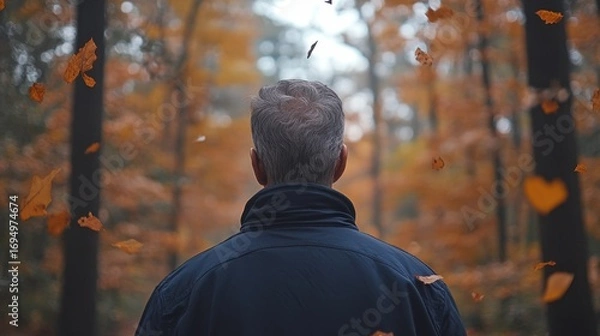 Fototapeta Serene Autumn Walk in a Forest with Orange Leaves Falling Gently