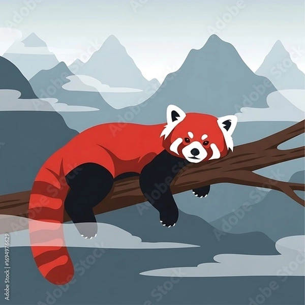 Fototapeta Red Panda Relaxing Mountain Branch.