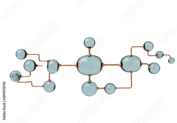 Fototapeta Isolated atom model with molecular structure, 3D rendering, glossy design, copper lines