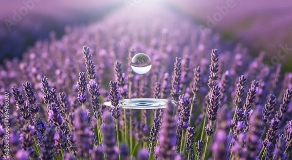 Fototapeta Lavender field with water droplet, and serenity.