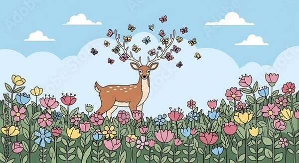 Fototapeta Deer with Butterflies, and Spring Meadow.