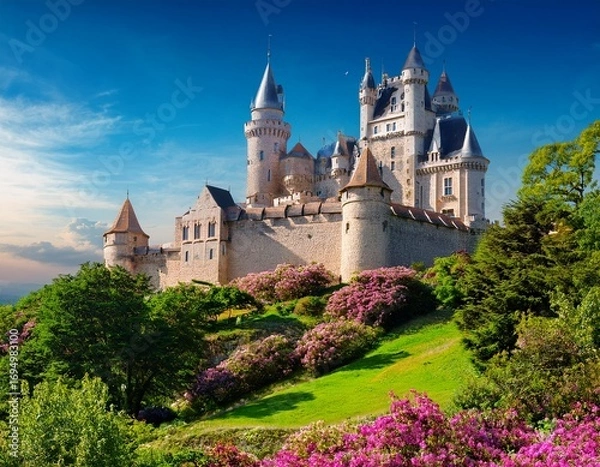 Fototapeta beautiful fairytale castle on a hill during daytime with vibrant flowers and lush greenery in a fantasy landscape