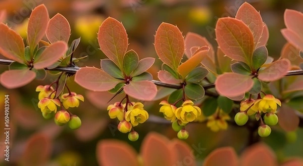 Fototapeta Yellow flowers with red leaves, and spring branch.