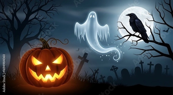 Fototapeta Halloween Jackolantern with ghost, and crow.