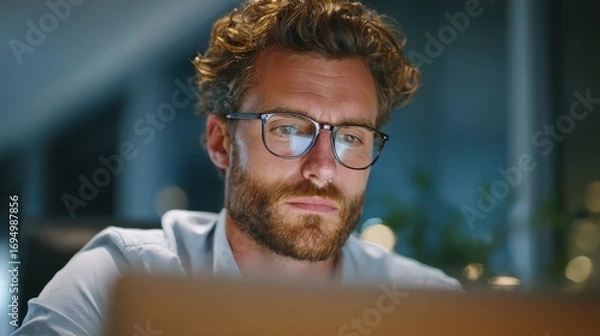 Fototapeta serious concentrated european caucasian broker trader in glasses looking at pc laptop working at desk in office focused male ceo manager leader analysing financial data using computer vertical no log