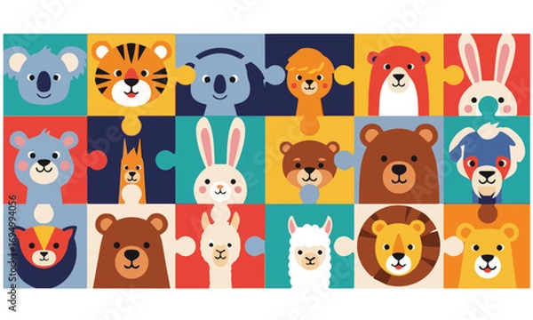 Fototapeta Colorful Cartoon Animal Faces in Puzzle Grid Pattern