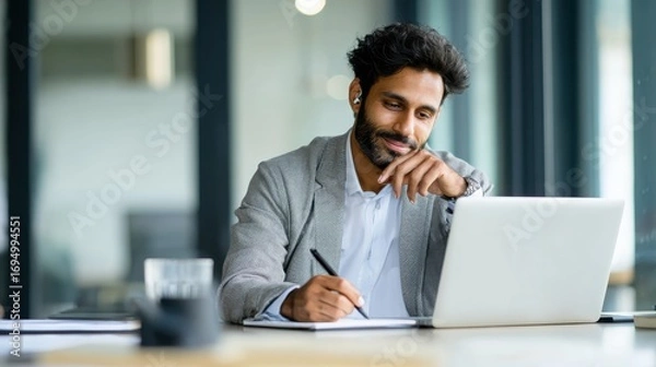 Fototapeta young indian businessman entrepreneur using computer working online doing research taking notes watching business training webinar in office having virtual chat meeting looking at laptop at work no l