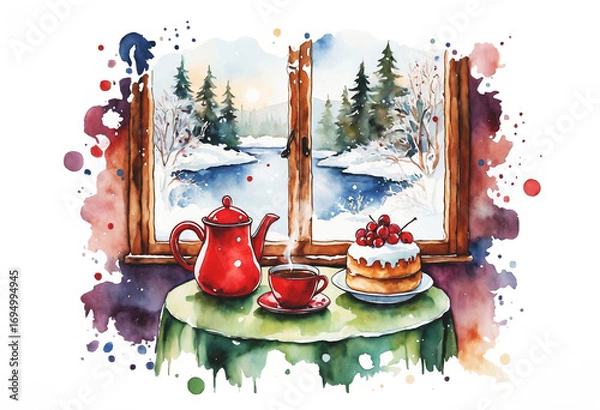 Obraz A cozy indoor scene featuring a round table with tea and dessert, set against a snowy landscape seen through the window. The composition blends warm domestic detail with soft winter light.