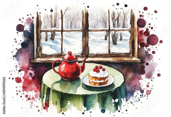 Obraz  A quiet winter scene viewed through a window, where floral tea and candlelight evoke warmth amid snow and sunlight. The composition blends seasonal contrast with poetic presence.
