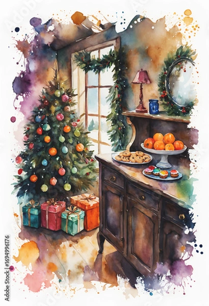 Obraz A festive indoor scene featuring a decorated Christmas tree and a citrus-based still life. The composition blends seasonal warmth with quiet structural rhythm.

