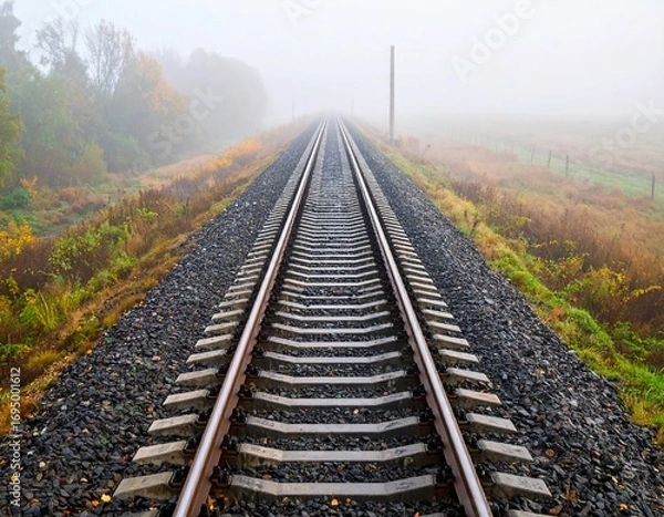 Fototapeta Train Tracks Vanishing into the Morning Fog and Mist