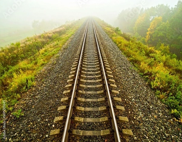 Fototapeta Empty Railway Tracks Stretching into a Foggy Green Landscape