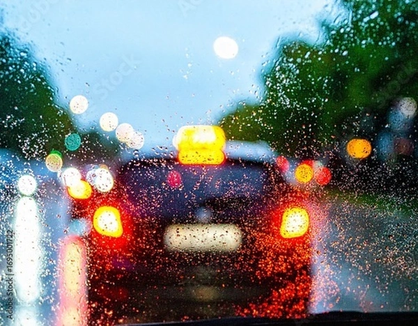 Fototapeta Rainy Day Driving: View of Taillights with Bokeh Effect