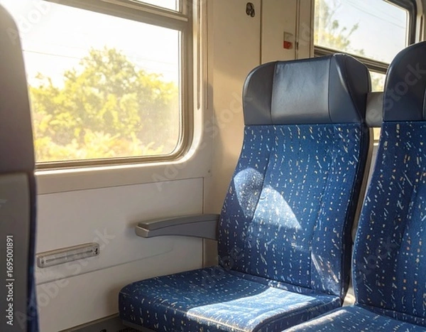 Fototapeta Close-Up of Empty Blue Seats on a Public Train