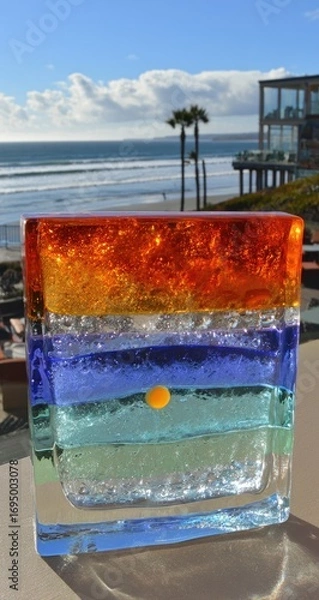 Fototapeta Colorful glass block with layered ocean colors.