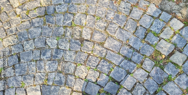 Fototapeta Close-up view of a cobblestone pathway, showcasing the unique texture and pattern of the stones with green grass peeking through, perfect for outdoor landscaping or architecture projects.