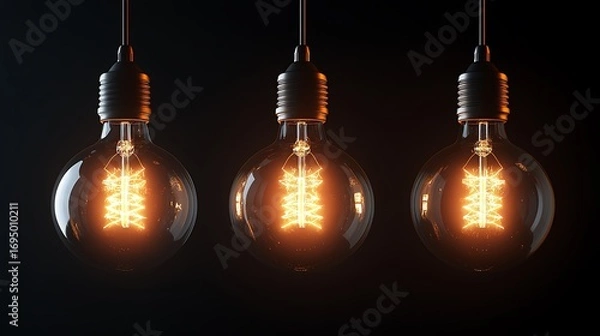 Fototapeta Three Glowing Filament Bulbs with Transparent Glass on a Dark Backdrop