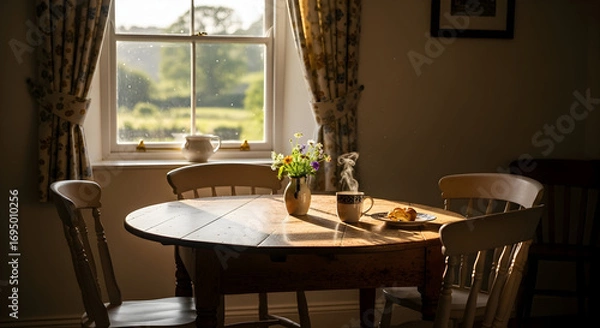 Fototapeta Cozy breakfast scene with coffee, flowers, and sunlight illuminating a rustic table