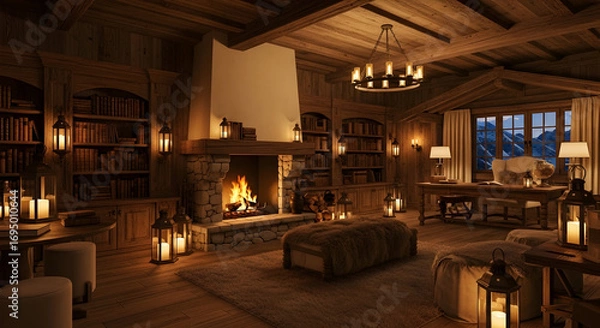 Fototapeta Cozy Cabin Interior with Burning Fireplace and Library, Warm Lighting Creating Atmosphere