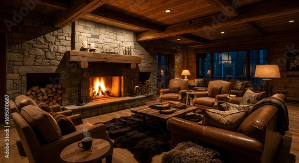 Fototapeta Cozy Cabin Interior with Lit Fireplace Creates Comfortable and Relaxing Atmosphere