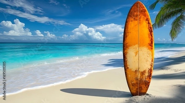 Fototapeta Weathered Surfboard on White Sandy Beach with Turquoise Ocean under Blue Sky & Palm Tree