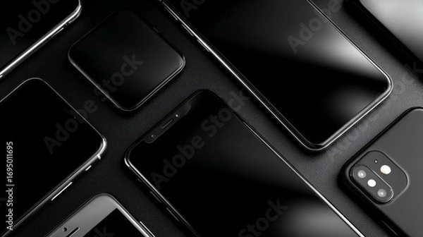 Fototapeta Many smartphones lying on black table with blank screens showing potential for mockup