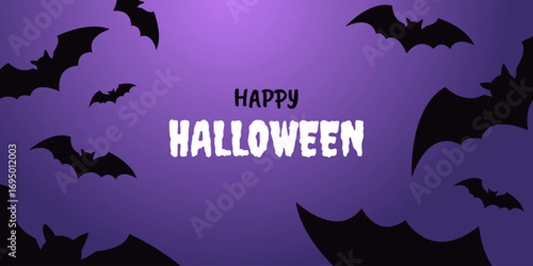 Fototapeta Happy Halloween night banner with flying bats and purple spooky background. Vector illustration for party, sale or invitation.